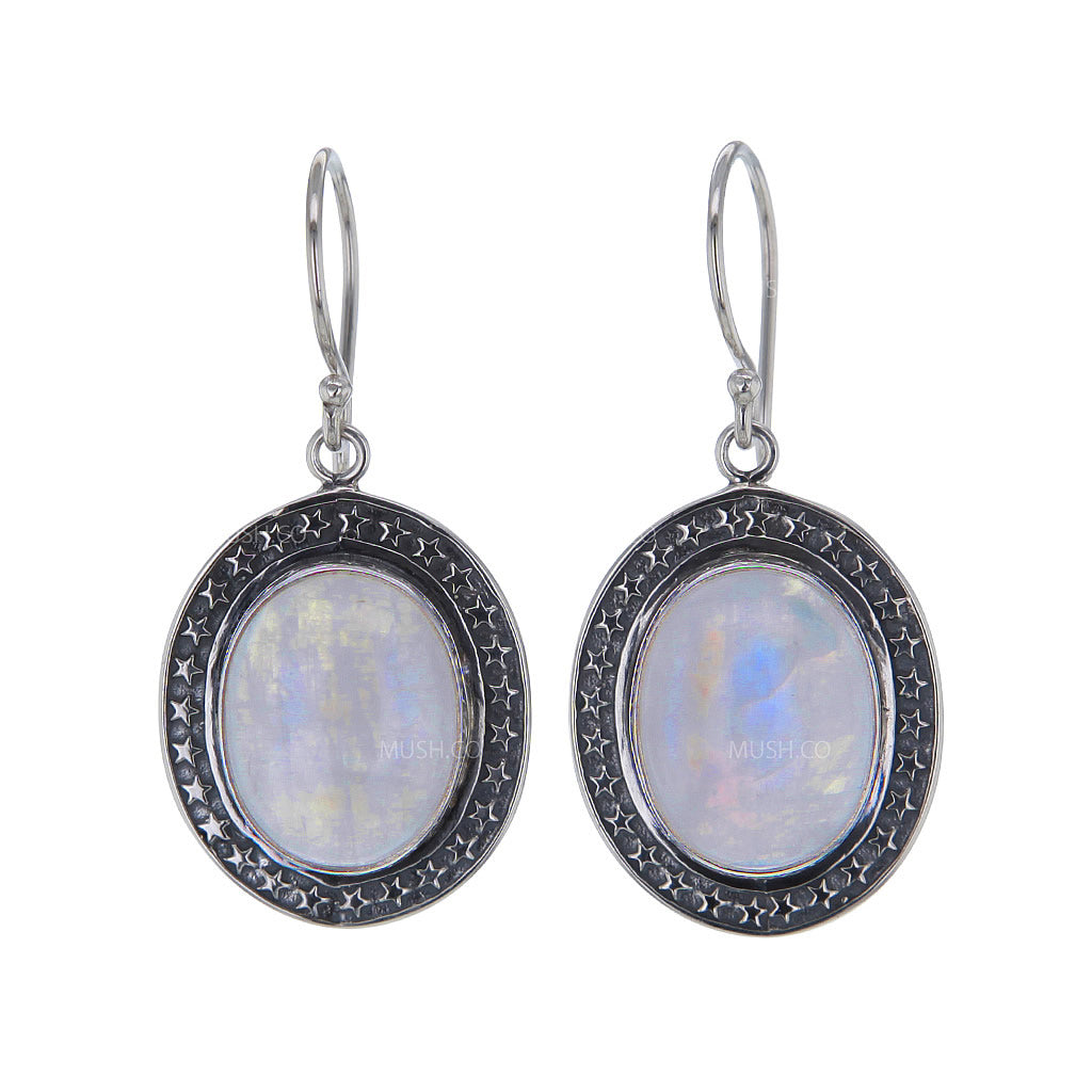 Oval Cabochon Moonstone Sterling Silver Earrings with Star Deatil Hollywood