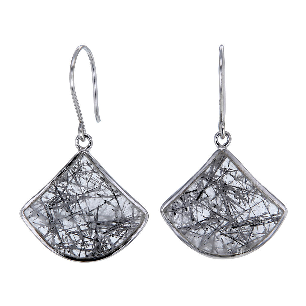 Black Tourmaline Rutilated Quartz Earrings in Rhodium Plated Sterling Silver Hollywood
