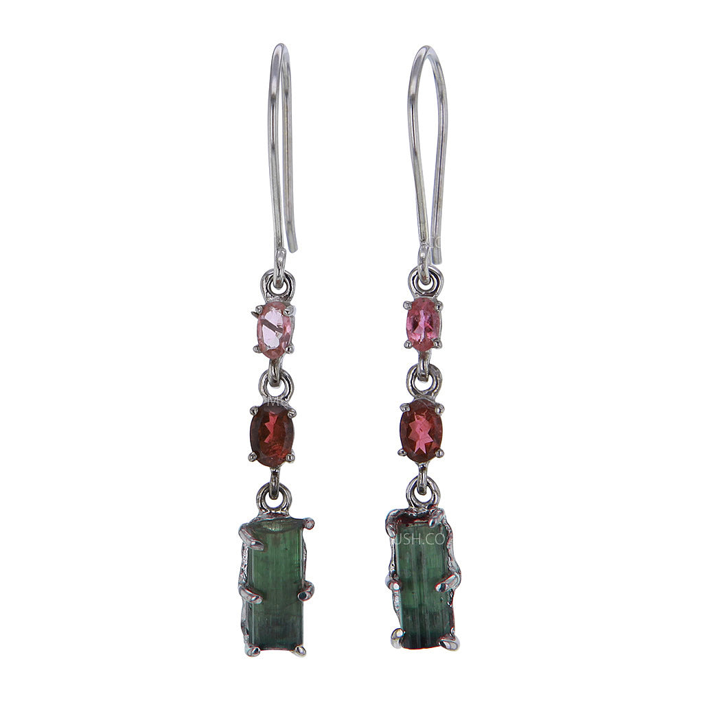 Lyra Raw Green & Pink Tourmaline Earrings in Sterling Silver Hollywood