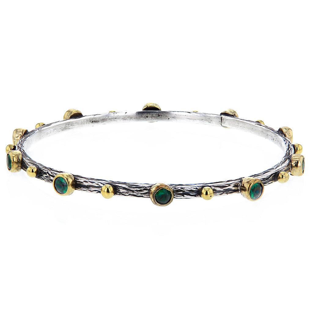 Hammered Sterling Silver Gold Plate and Green Emerald Bangle by Bora Hollywood Hammered Sterling Silver Gold Plate and Green Emerald Bangle by Bora Hollywood