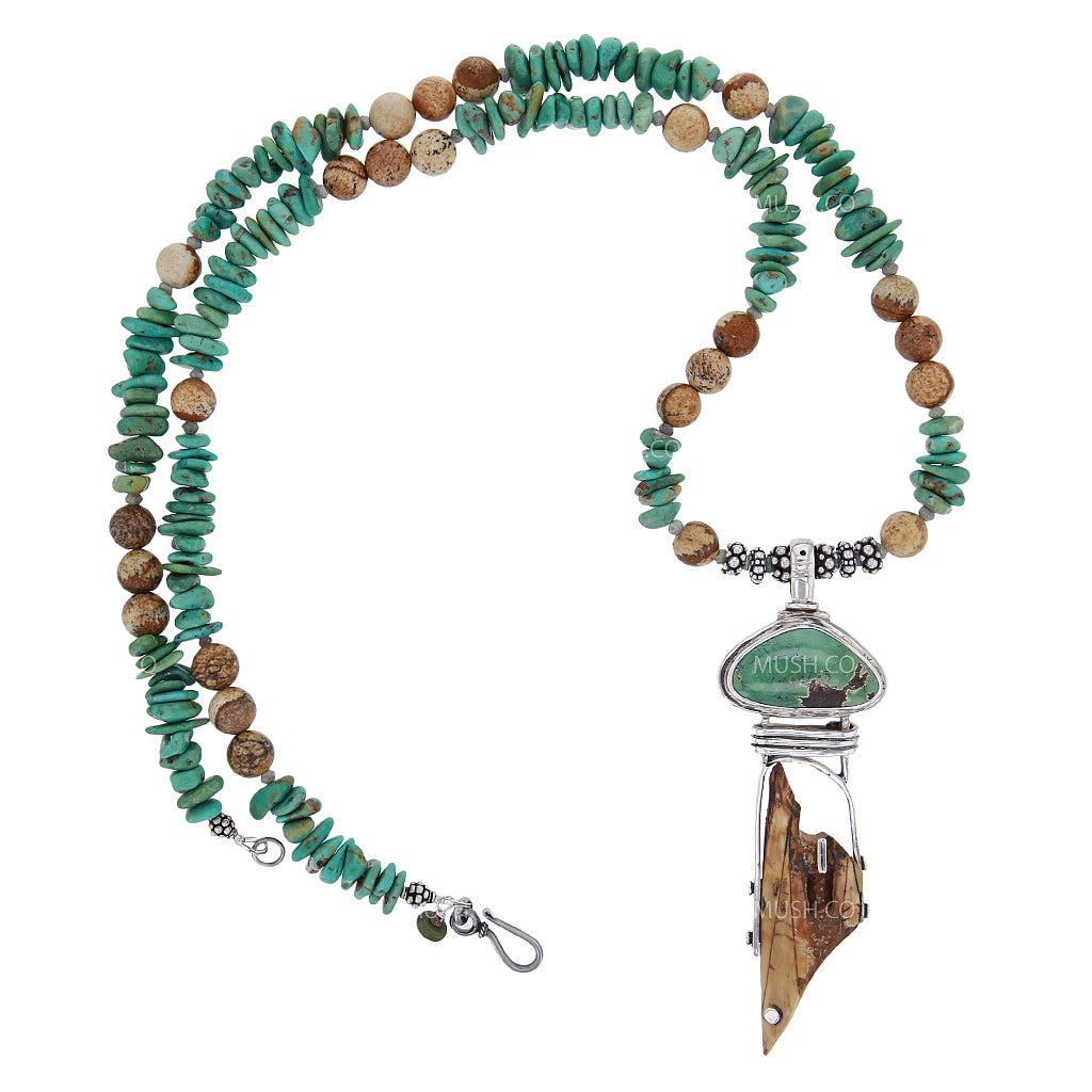 fossil ancient harpoon artifact necklace with green turquoise fossil-ancient-harpoon-artifact-necklace-with-green-turquoise