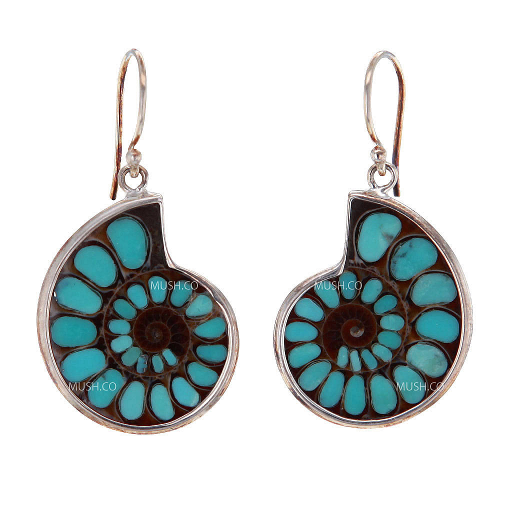 Natural Ammonite with Inlaid Turquoise Sterling Silver Earrings v2 Hollywood