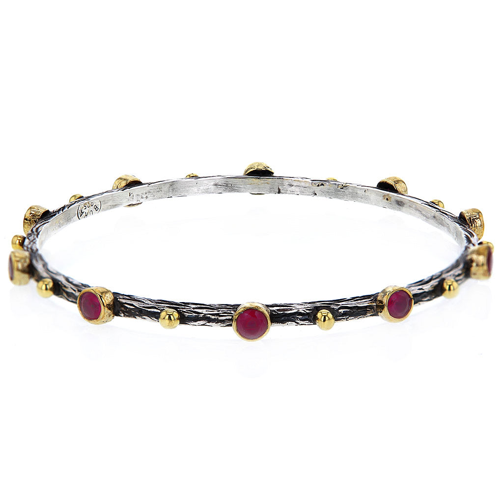 Hammered Sterling Silver Gold Plate and Ruby Studs Bangle by Bora Hollywood Hammered Sterling Silver Gold Plate and Ruby Studs Bangle by Bora Hollywood