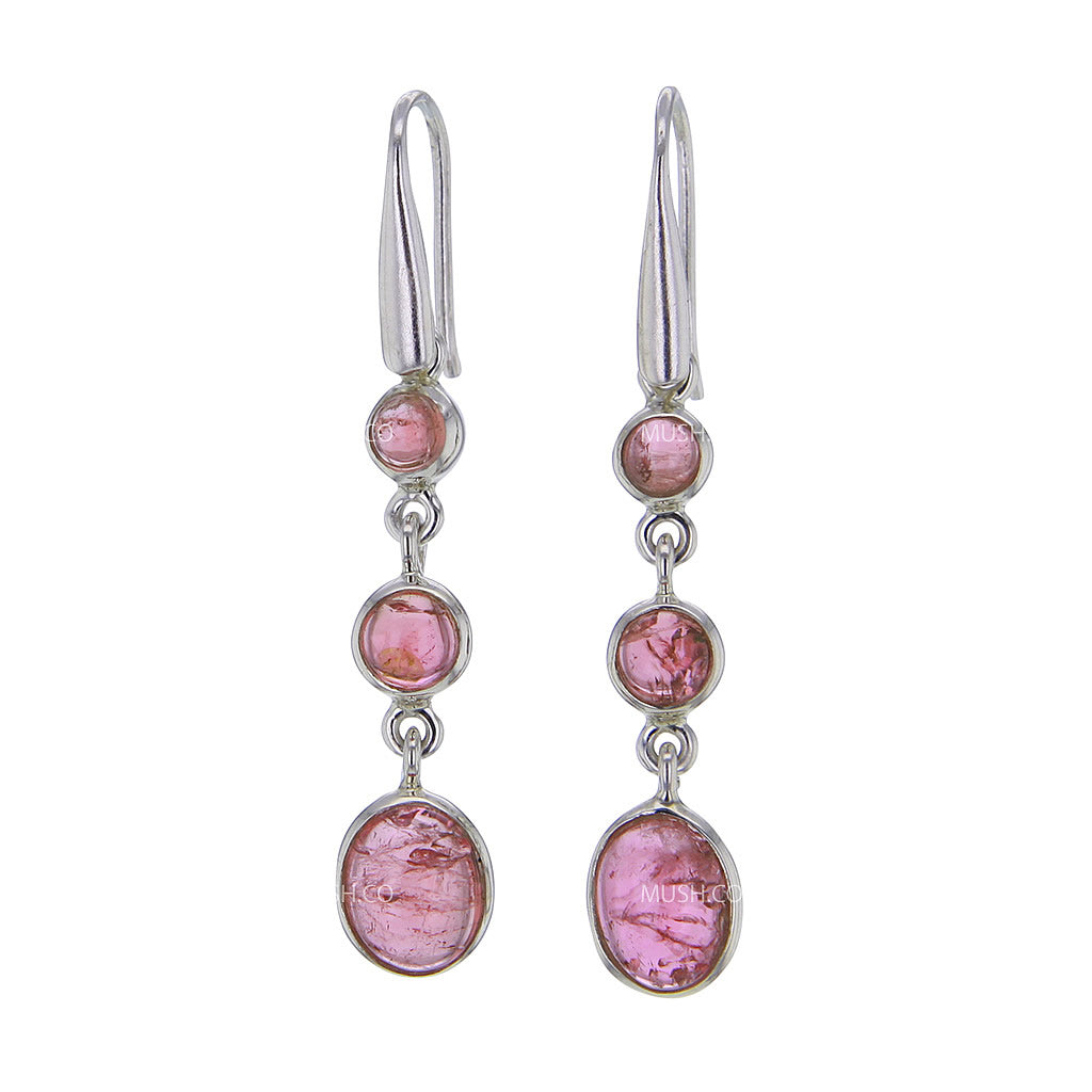 Pink Cabochon Tourmaline Chandelier Earrings in Sterling Silver Hollywood