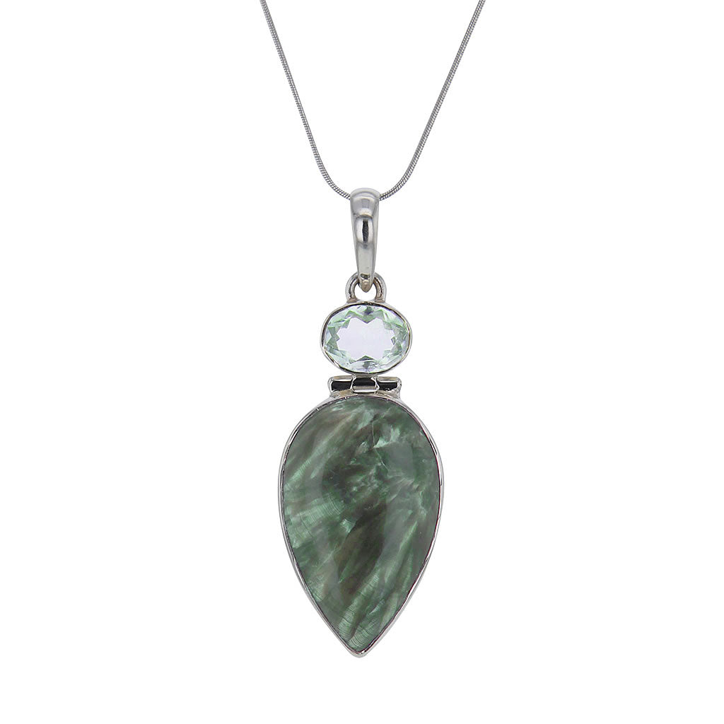 Green Seraphinite and Aquamarine Pendant Necklace Hollywood