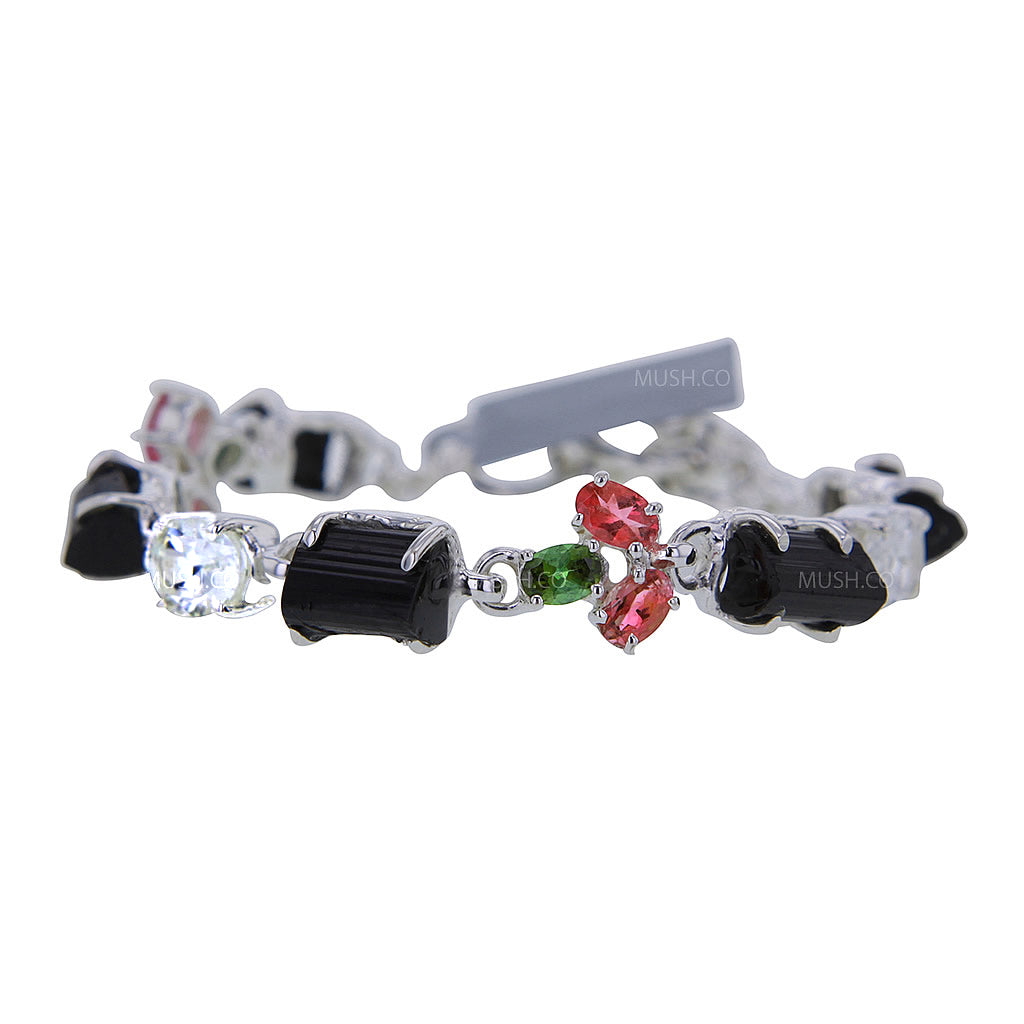 black-multi-color-tourmaline-white-topaz-cabochon-link-bracelet
