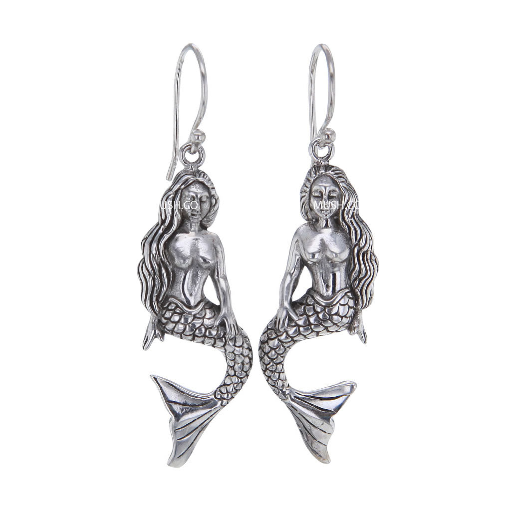 Mermaid Sculpted Earrings in Sterling Silver Hollywood