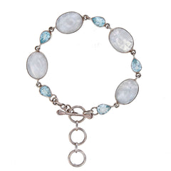 Moonstone Cabochons & Aquamarine Sterling Silver Link Bracelet
