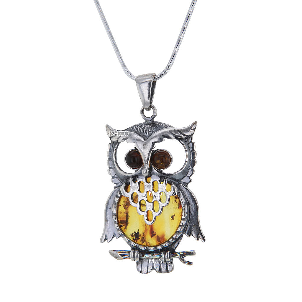 Wise Owl Pendant Necklace in Sterling Silver & Amber Accent Hollywood