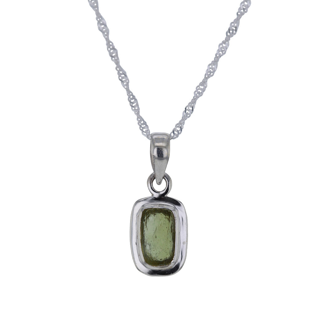 Rectangle Raw Moldavite Pendant Necklace in Sterling Silver Hollywood