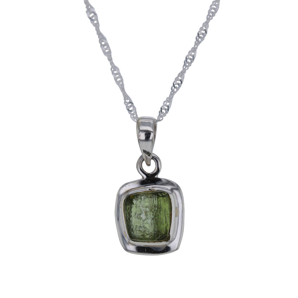 Square Raw Moldavite Pendant Necklace in Sterling Silver Hollywood