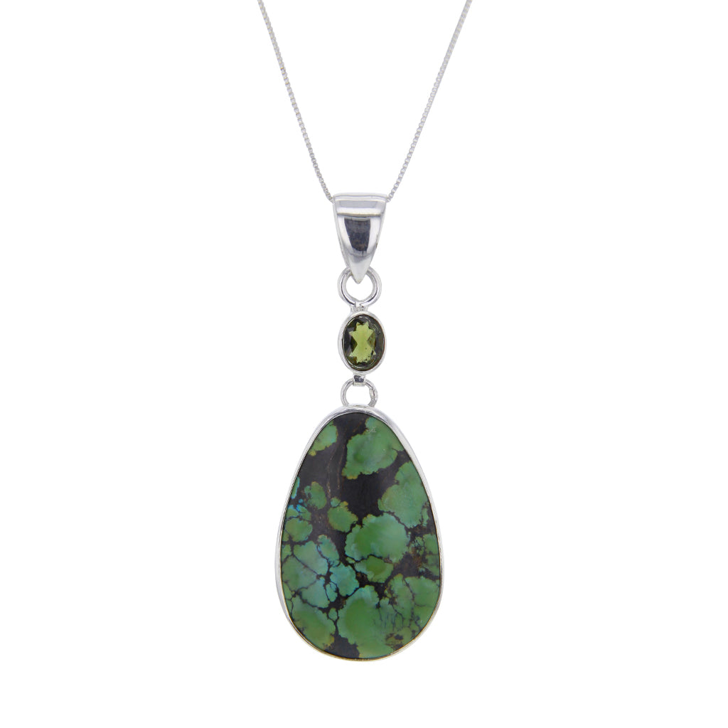 Tururquoise and Moldavite Pendant Necklace in Sterling Silver Hollywood