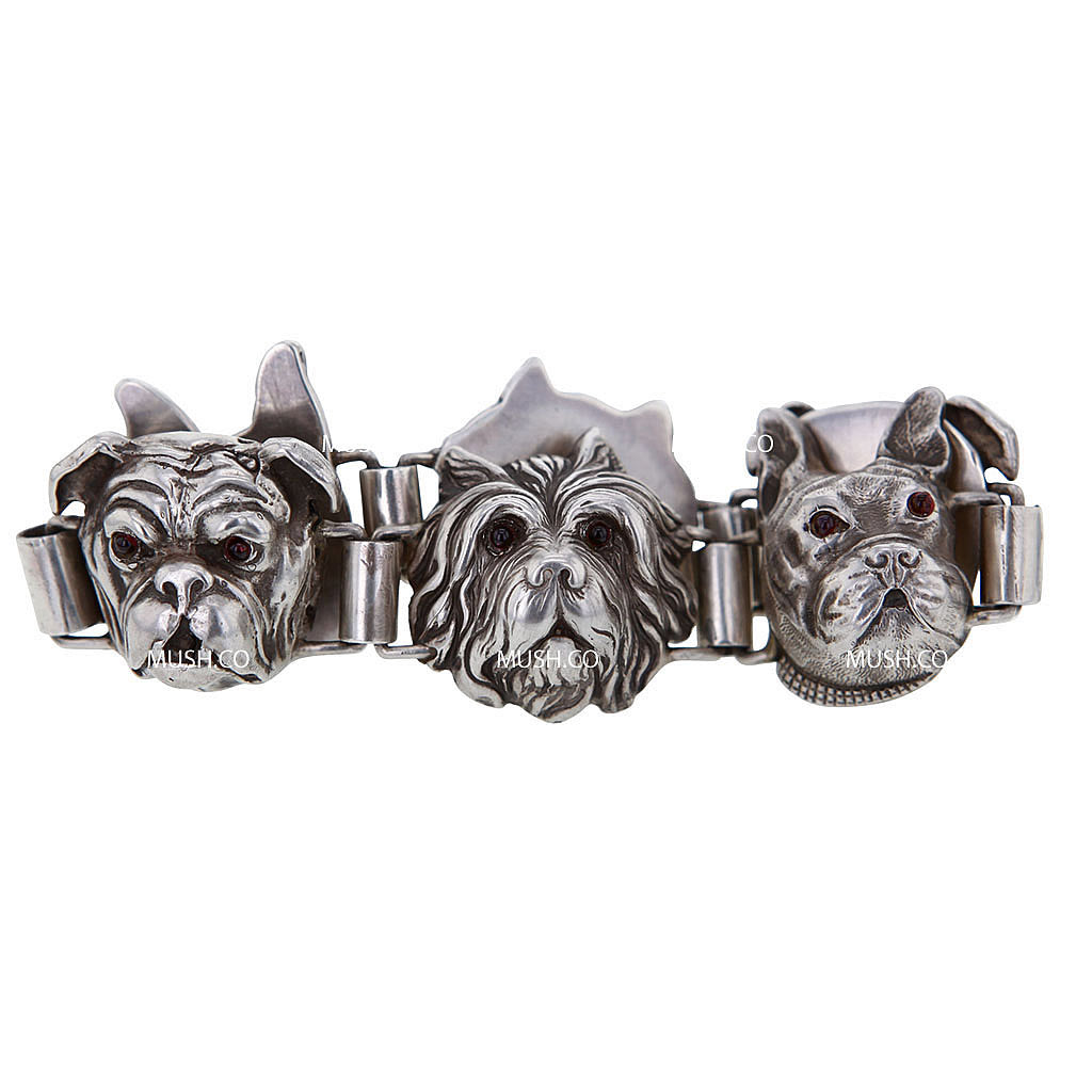 Vintage 1970 Vincent Simone Terrier Dog Bracelet in Sterling Silver & Rubies