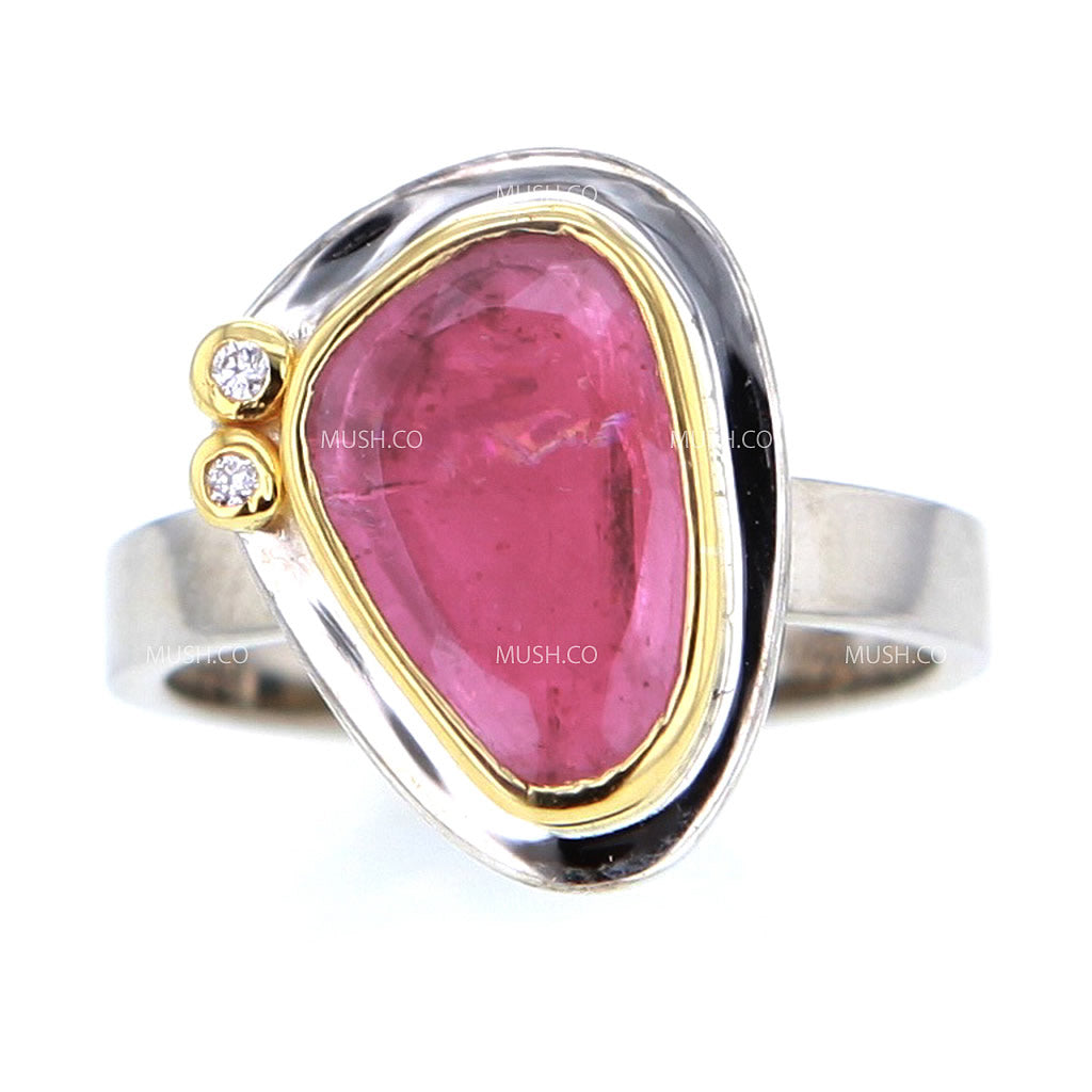 Sterling Silver Wedding Band with Pink Tourmaline & Diamonds in 24K Solid Gold Settting Hollywood