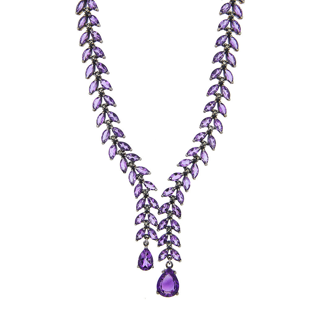Amethyst & Marcasite Cascading Necklace in Sterling Silver Hollywood