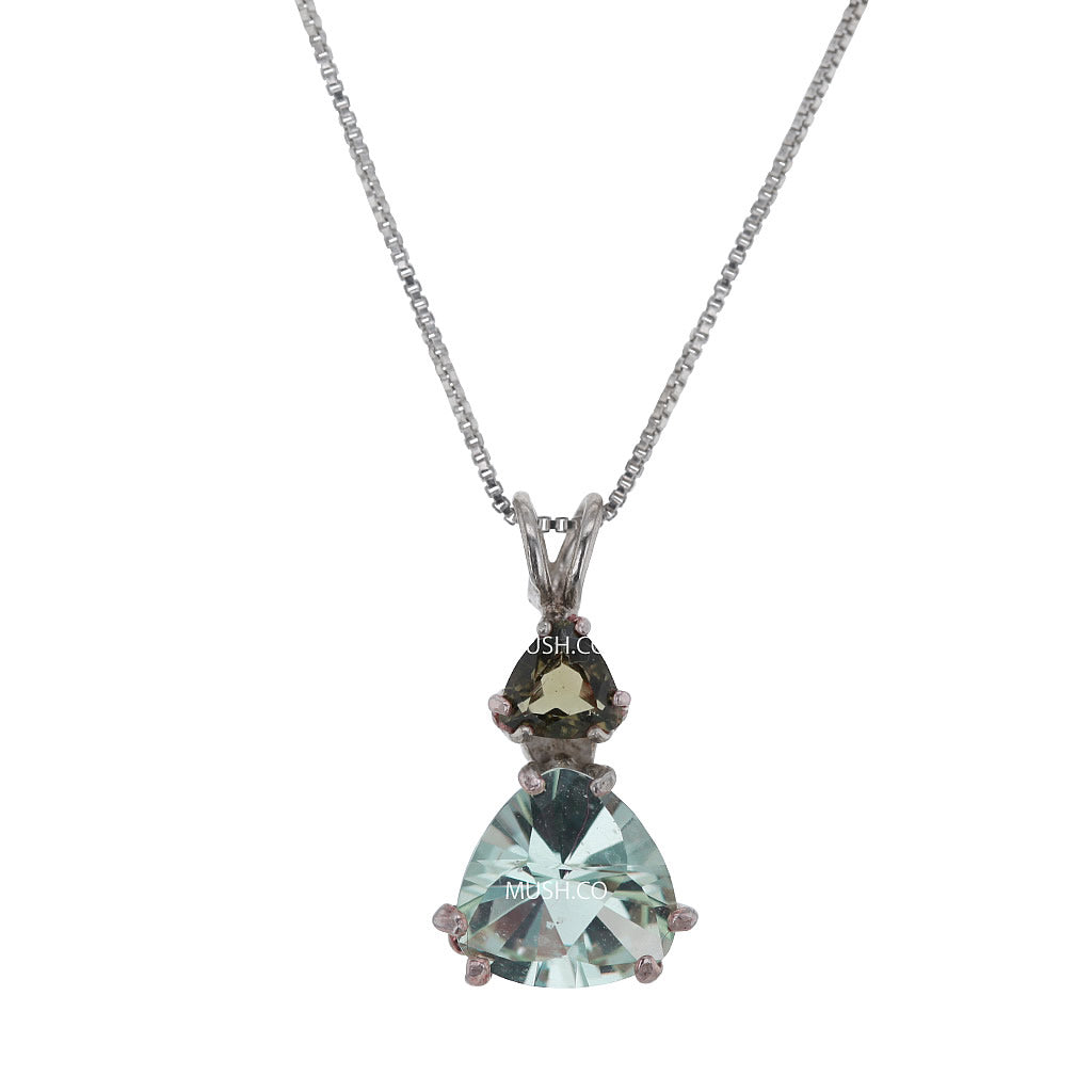 Trilliant Merkaba Cut Aqua Blue Obsidian & Moldavite Pendant Necklace in Sterling Silver Hollywood