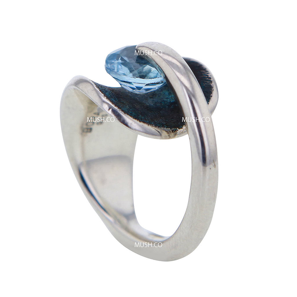 Round Blue Topaz Pressure Set in Sterling Silver Ring by Bora Size 7 Hollywood