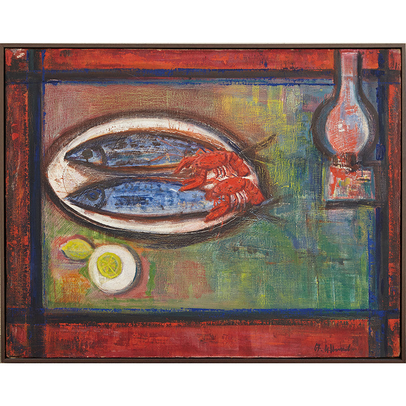 1967-vintage-oil-painting-of-still-life-with-mackerel-and-crayfish-by-nikolay-nikov