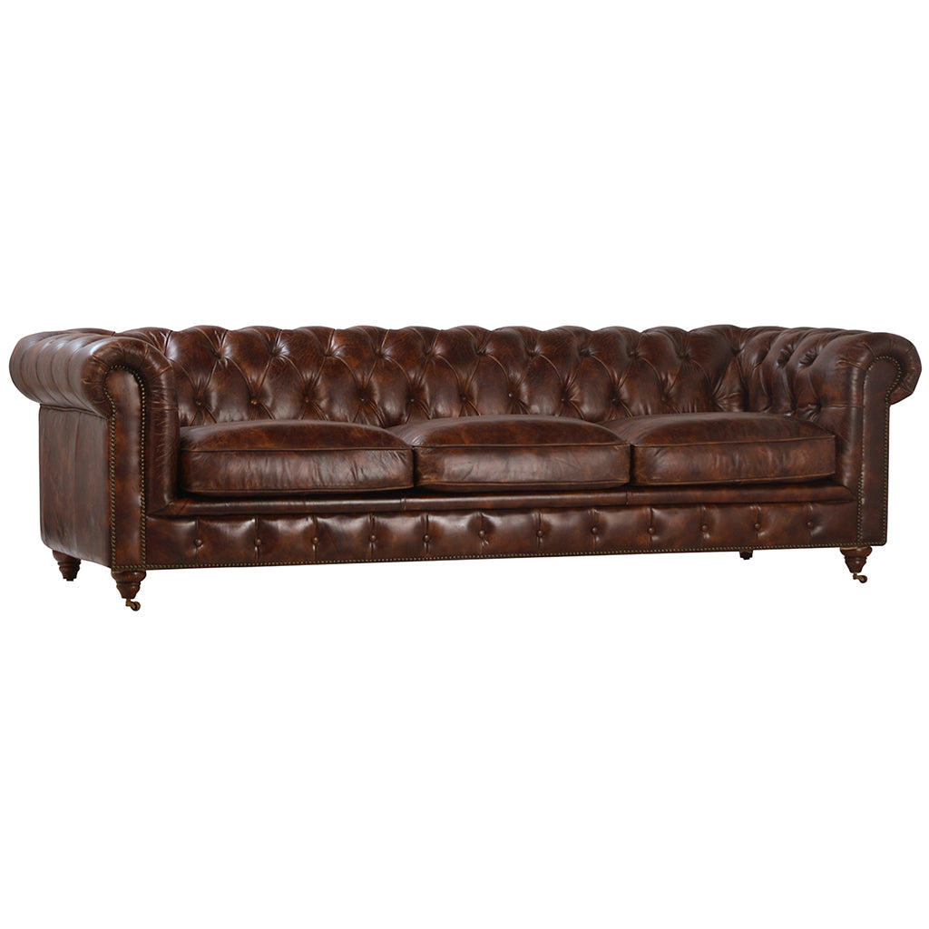 Laguna 97" Luxury Tufted Full Grain Leather Sofa in Antiqued Brown Hollywood