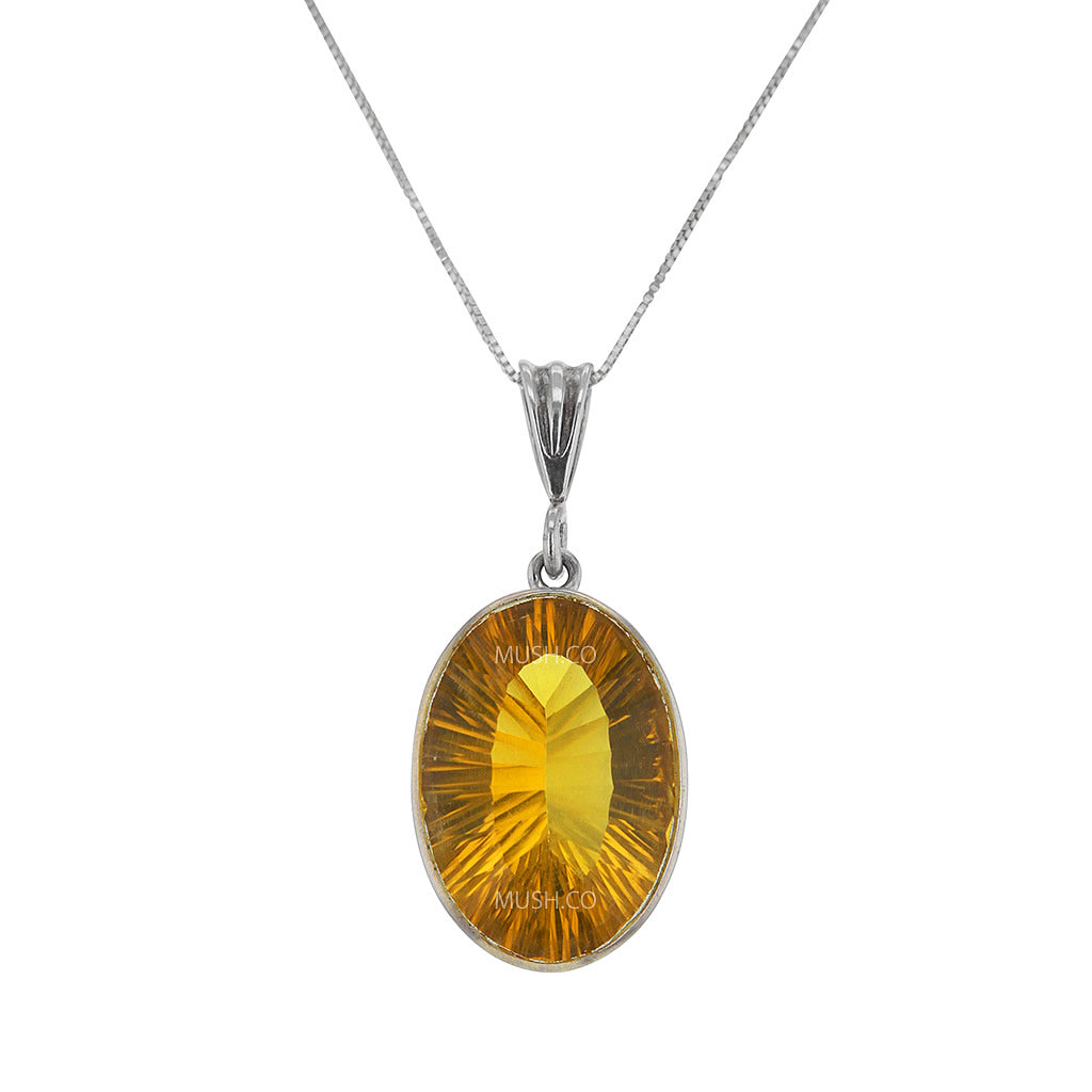Oval Radiant Cut Citrine Pendant Necklace in Sterling Silver Setting Hollywood