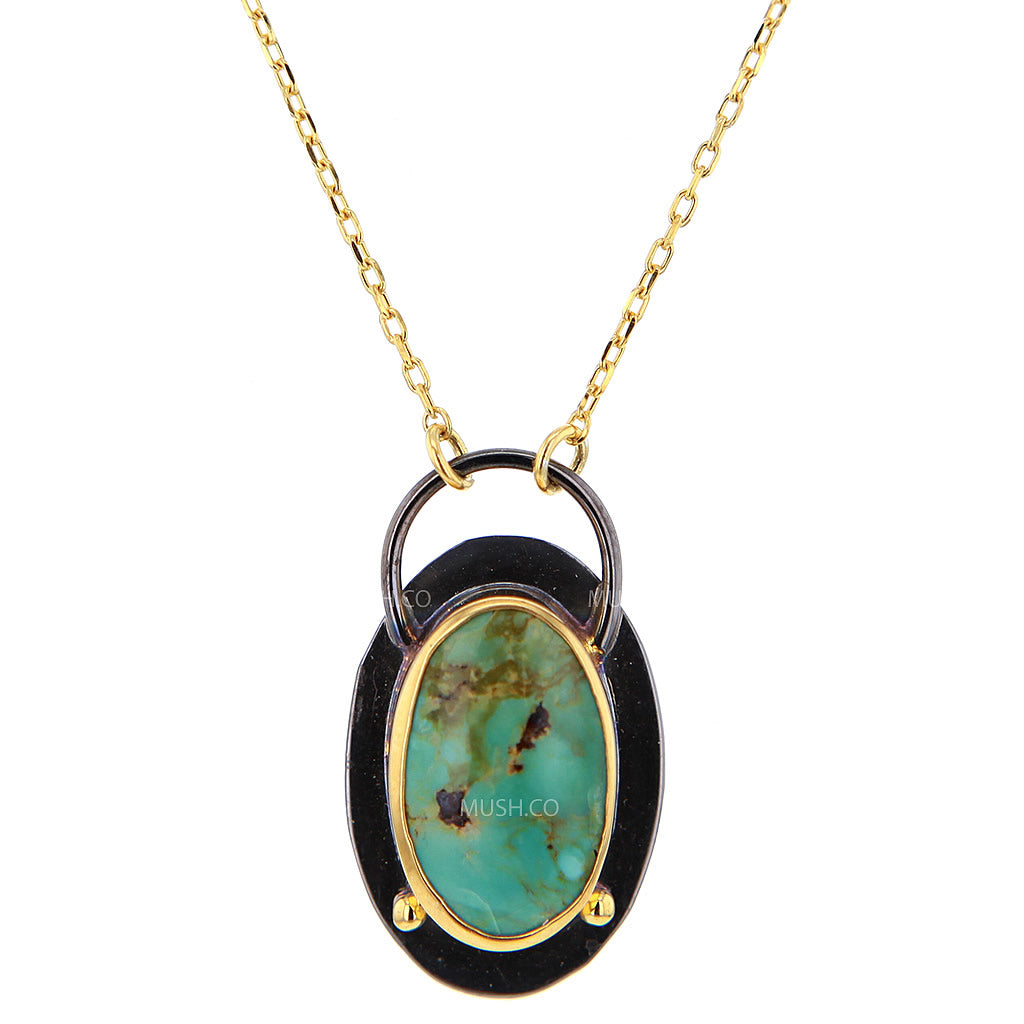 Black Rhodium Plate & 14K Gold Plate Oval Turquoise Pendant Necklace Hollywood