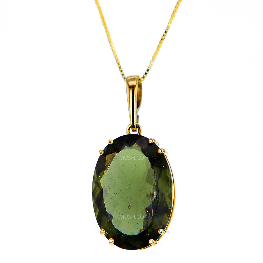 Mother Oval Faceted Moldavite Pendant Necklace in 14K Solid Gold Setting Hollywood