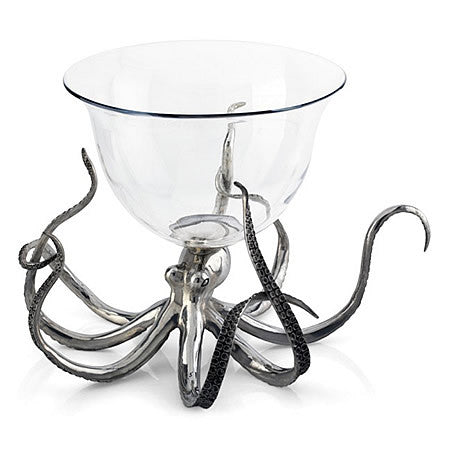 Octopus Punch Bowl Ice Tub from Sterling Silver Pewter and Cut Glass Hollywood