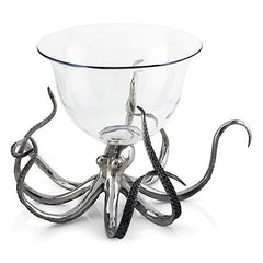 Octopus Punch Bowl Ice Tub from Sterling Silver Pewter and Cut Glass