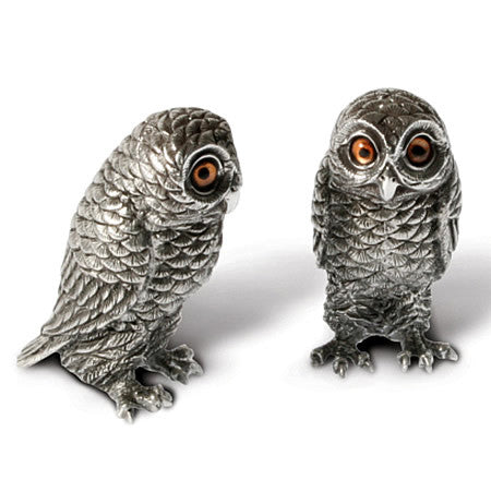 Owls Salt & Pepper Shakers in Sterling Silver Pewter