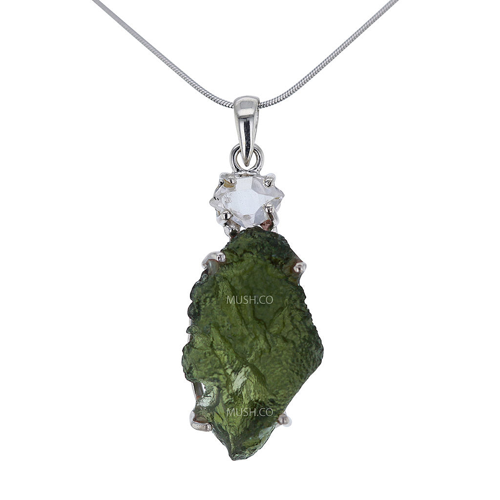 Raw Moldavite & Herkimer Diamond Crystal Pendant Necklace v1 Hollywood