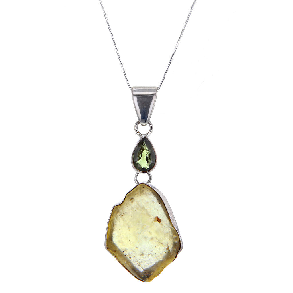 Double Power UP Libyan Desert Glass & Meteorite Sterling Silver Pendant Necklace Hollywood