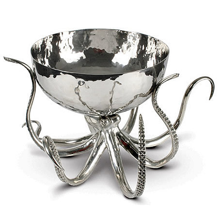 Luxury Octopus Punch Bowl Ice Tub in Sterling Silver Pewter & Stainless Steel Hollywood