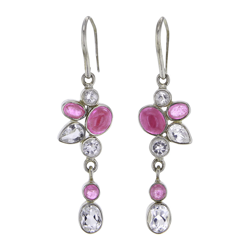 Faceted White Topaz & Ruby Crystal Earrings in Sterling Silver Hollywood