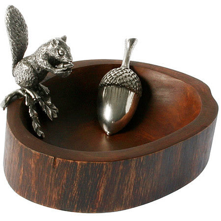 Nut Bowl With Squirrel Holding Acorn in Sterling Silver Pewter & Mango Wood Hollywood