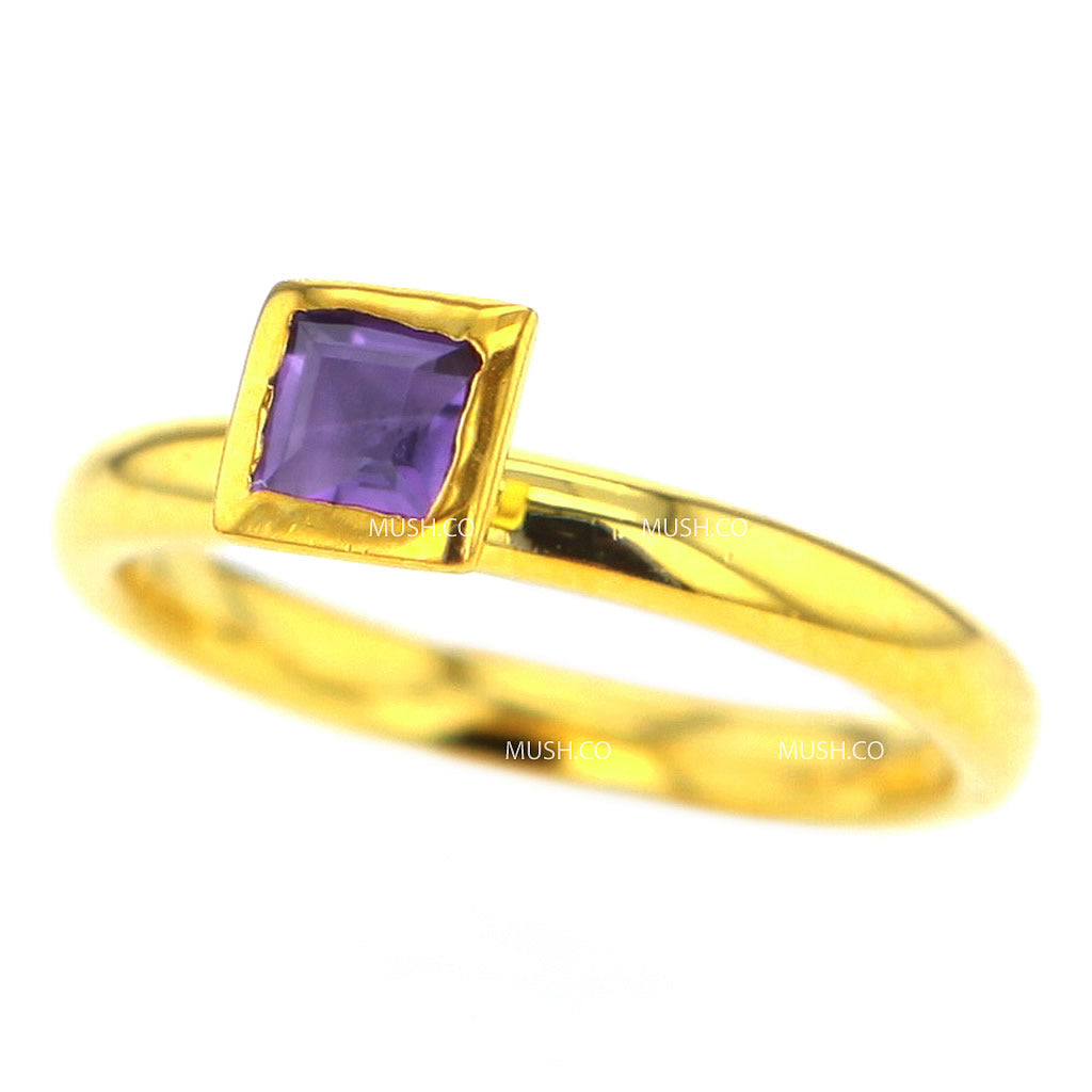 14K Gold Plated Sterling Silver Ring with Square Amethyst Crystal Size 7 Hollywood