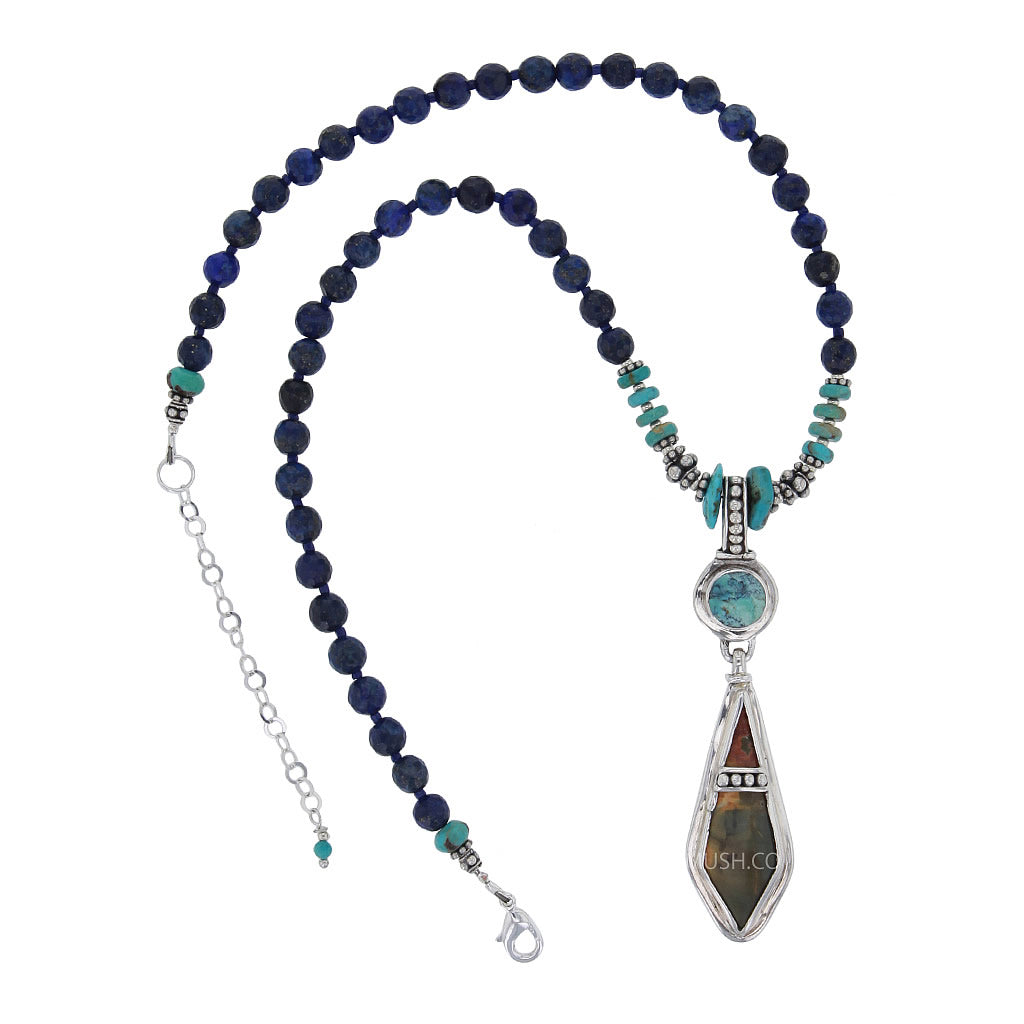 ancient-fossil-artifact-with-turquoise-lapis-lazuli-beaded-runway-necklace