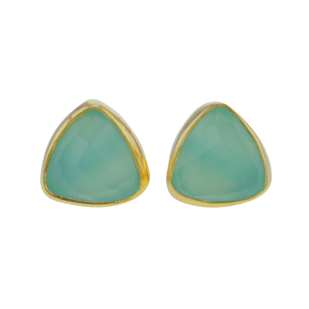 Triangle Aqua Chalcedony Stud Earrings in Gold Filled Sterling Silver Hollywood