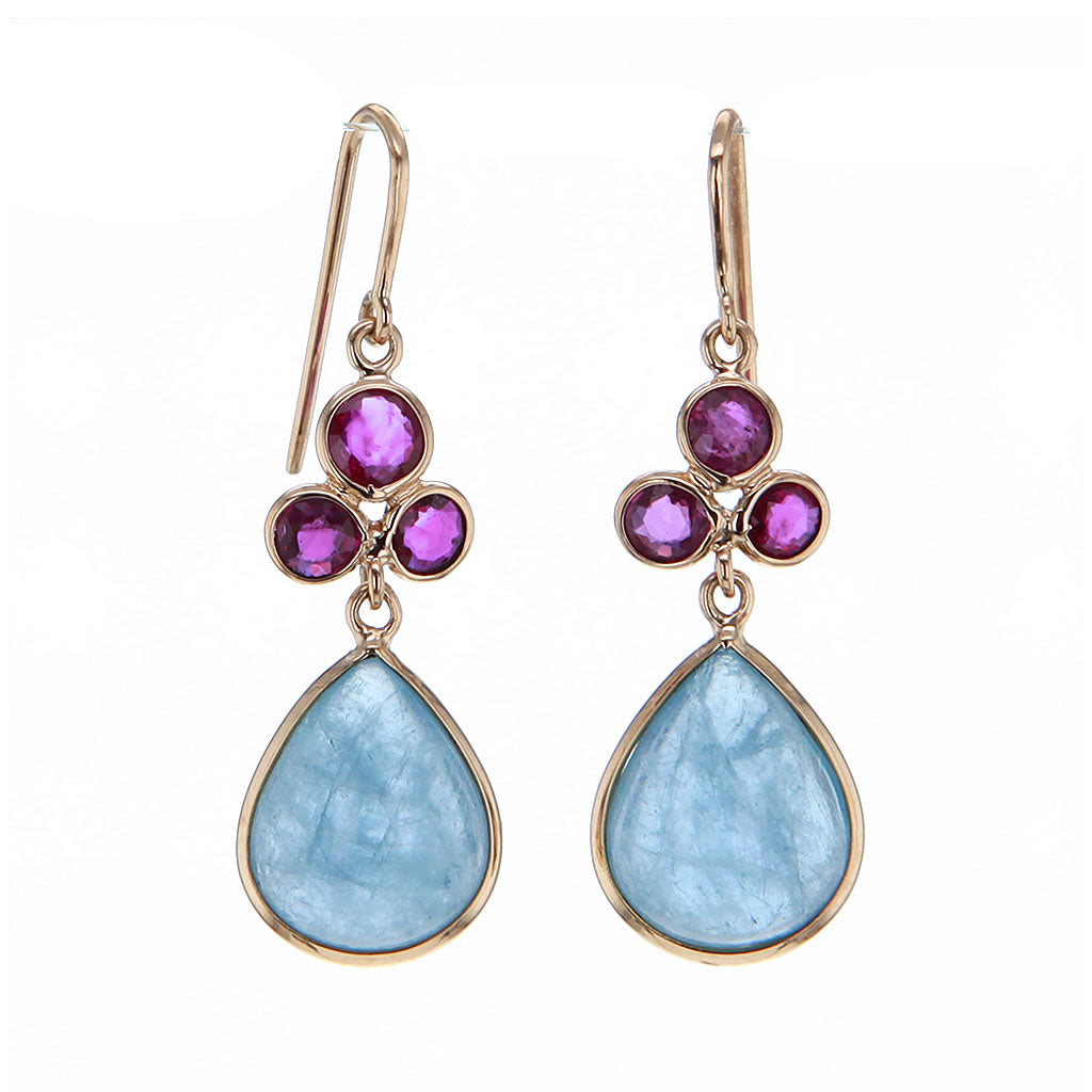 Aquamarine & Ruby Earrings in 18K Solid Gold Hollywood