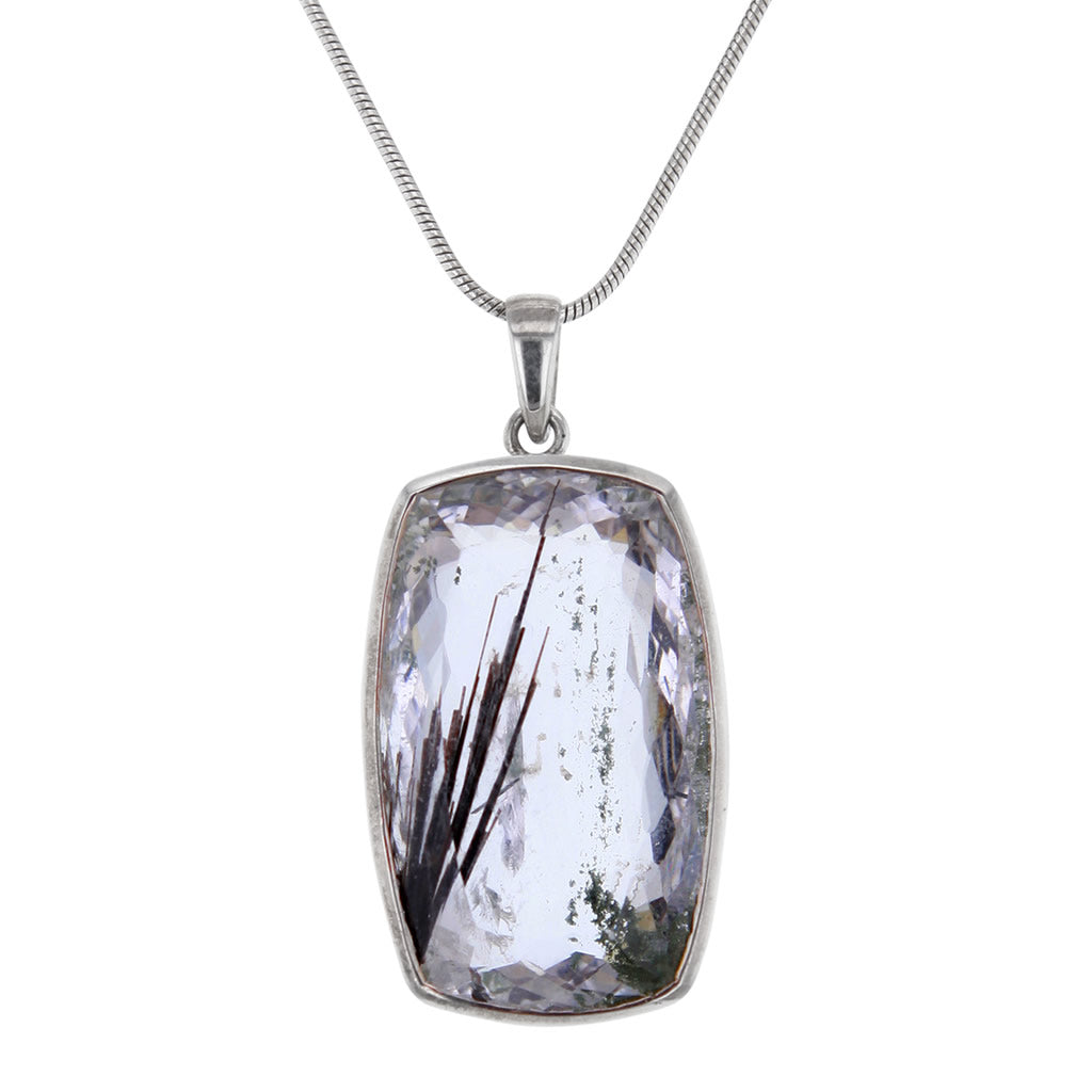 Black Tourmaline Rutilated Quartz Large Faceted Crystal Pendant on Sterling Silver Chain Hollywood