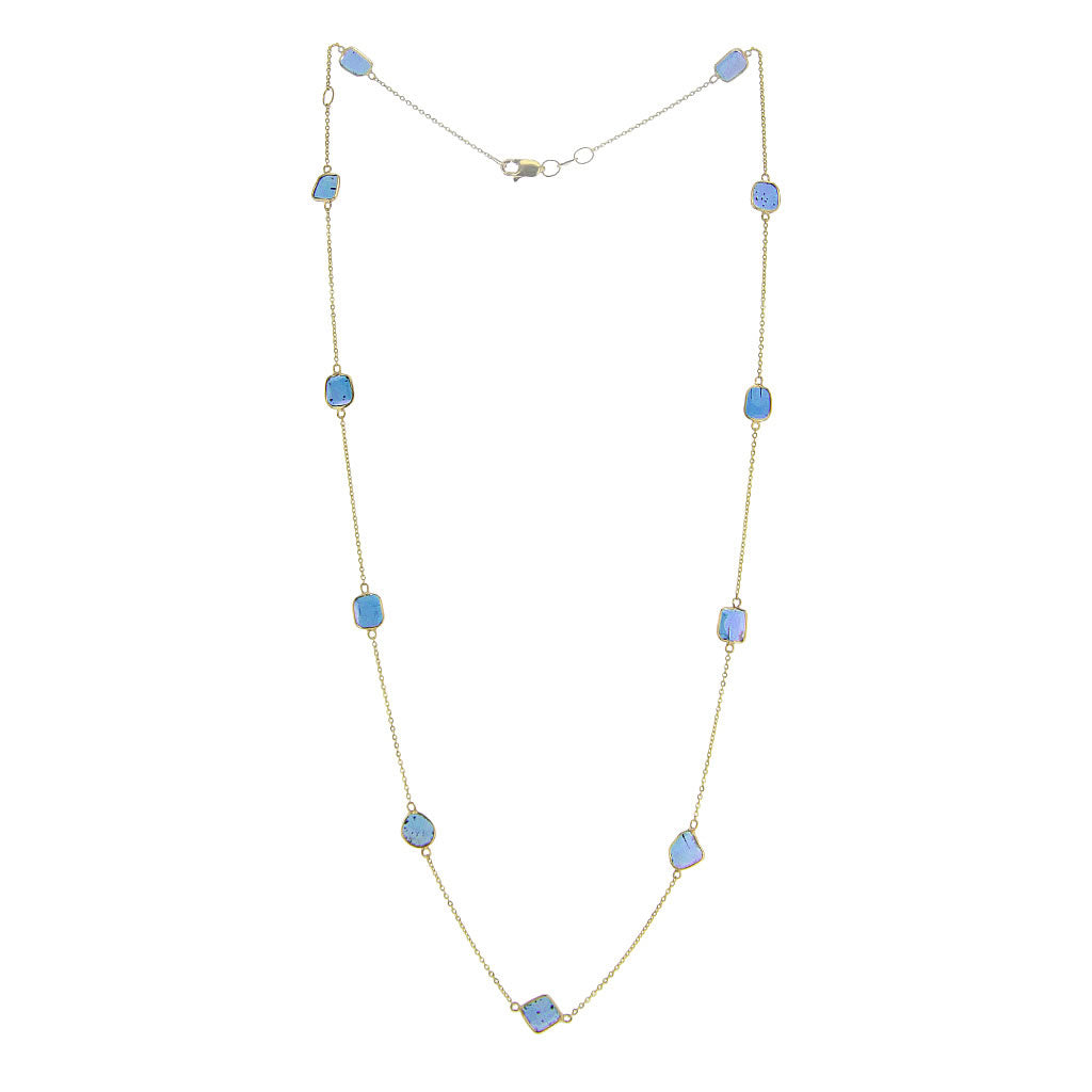 Natural Blue Diamond Slices on 14kt Solid Gold Necklace Hollywood