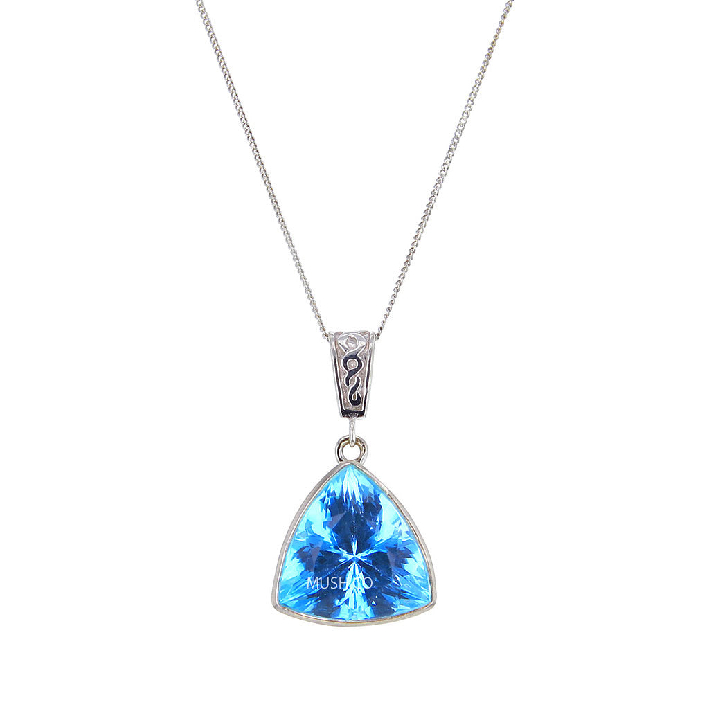 Triangular Trillion Cut Blue Topaz & Sterling Silver Pendant Necklace Hollywood