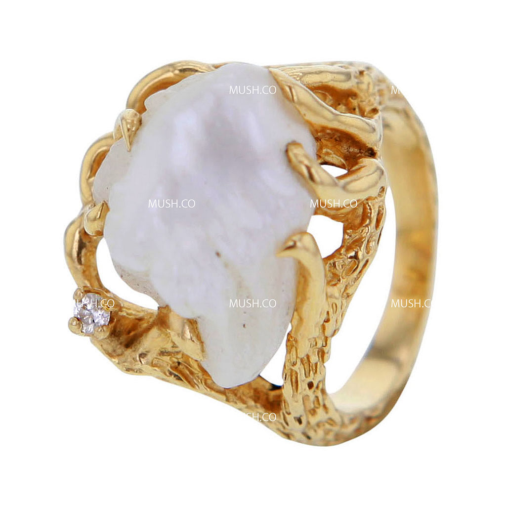 Beautiful Vintage Sculptural Brutalist Natural Pearl & Diamond Ring in 14K Solid Gold Size 5 Hollywood