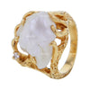 Beautiful Vintage Sculptural Brutalist Natural Pearl & Diamond Ring in 14K Solid Gold Size 5