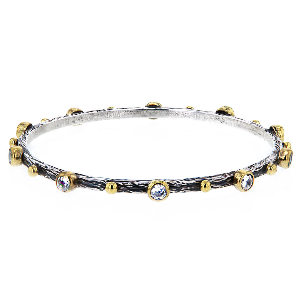 Hammered Sterling Silver Gold Plate and Crystal Studs Bangle by Bora Hollywood