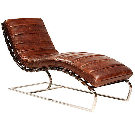 Modern Chaise Lounge in Cognac Vintage Leather & Chrome Plated Steel Frame Hollywood