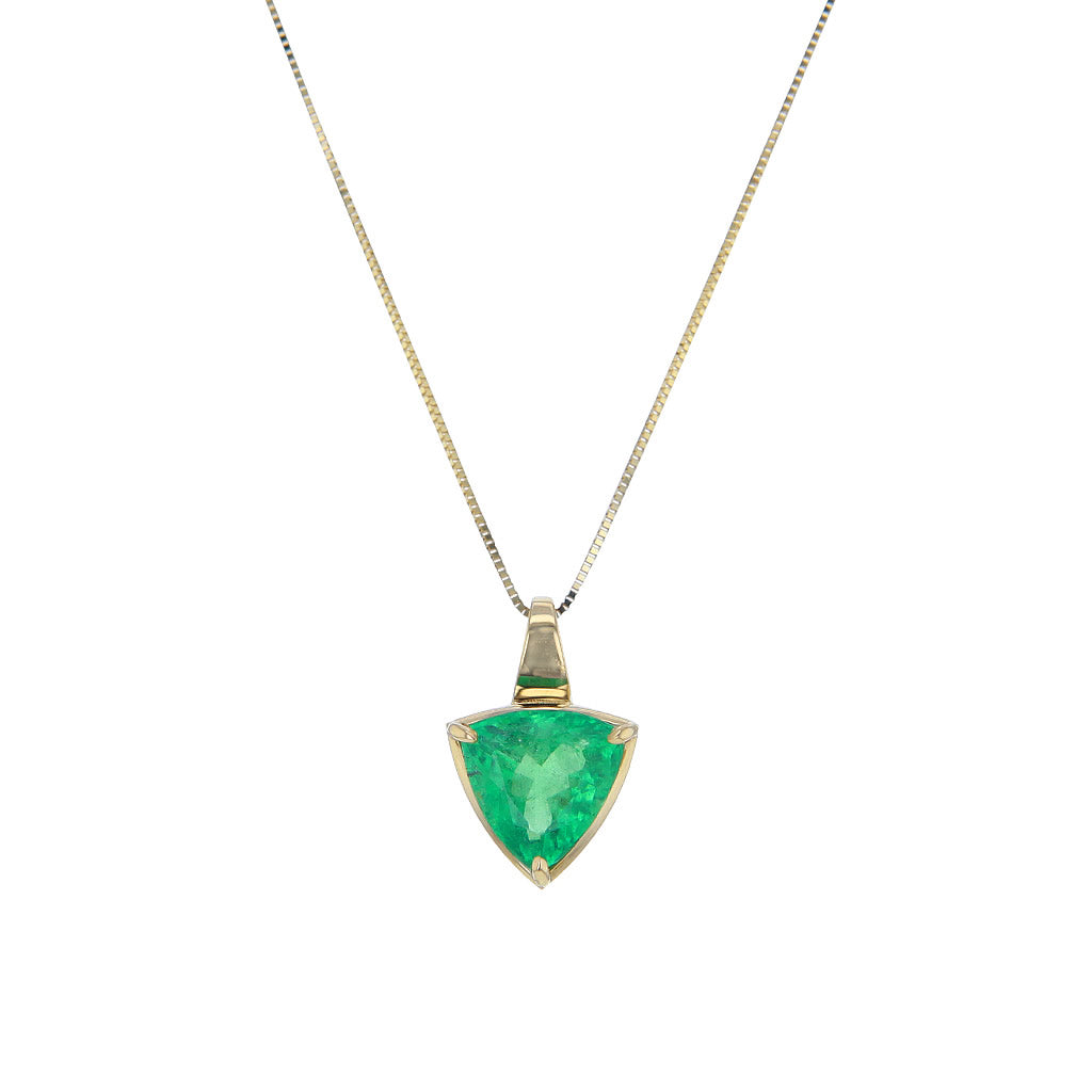 Trilliant Cut Natural Columbian Emerald in 14K Solid Gold Pendant Necklace Hollywood