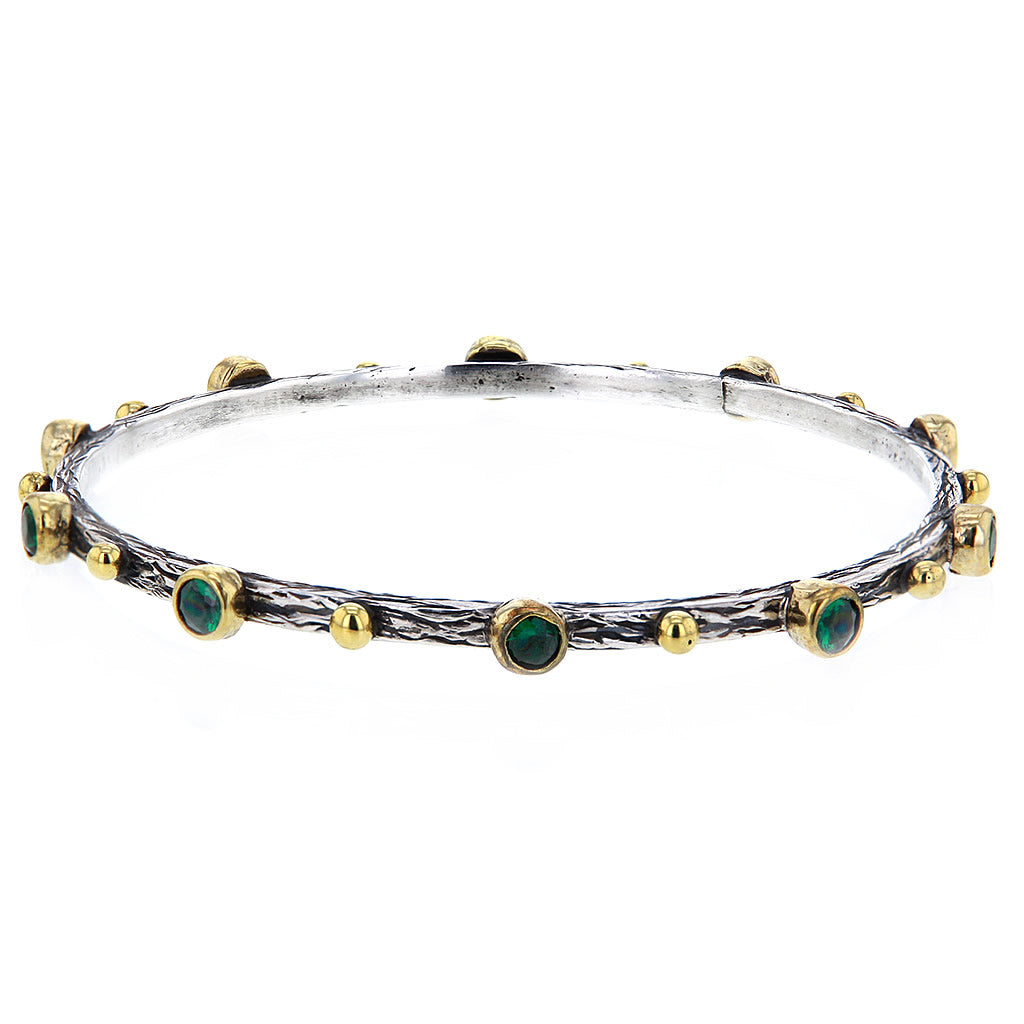 Hammered Sterling Silver Gold Plate and Green Emerald Bangle by Bora Hollywood
