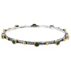 Hammered Sterling Silver Gold Plate and Green Emerald Bangle by Bora
