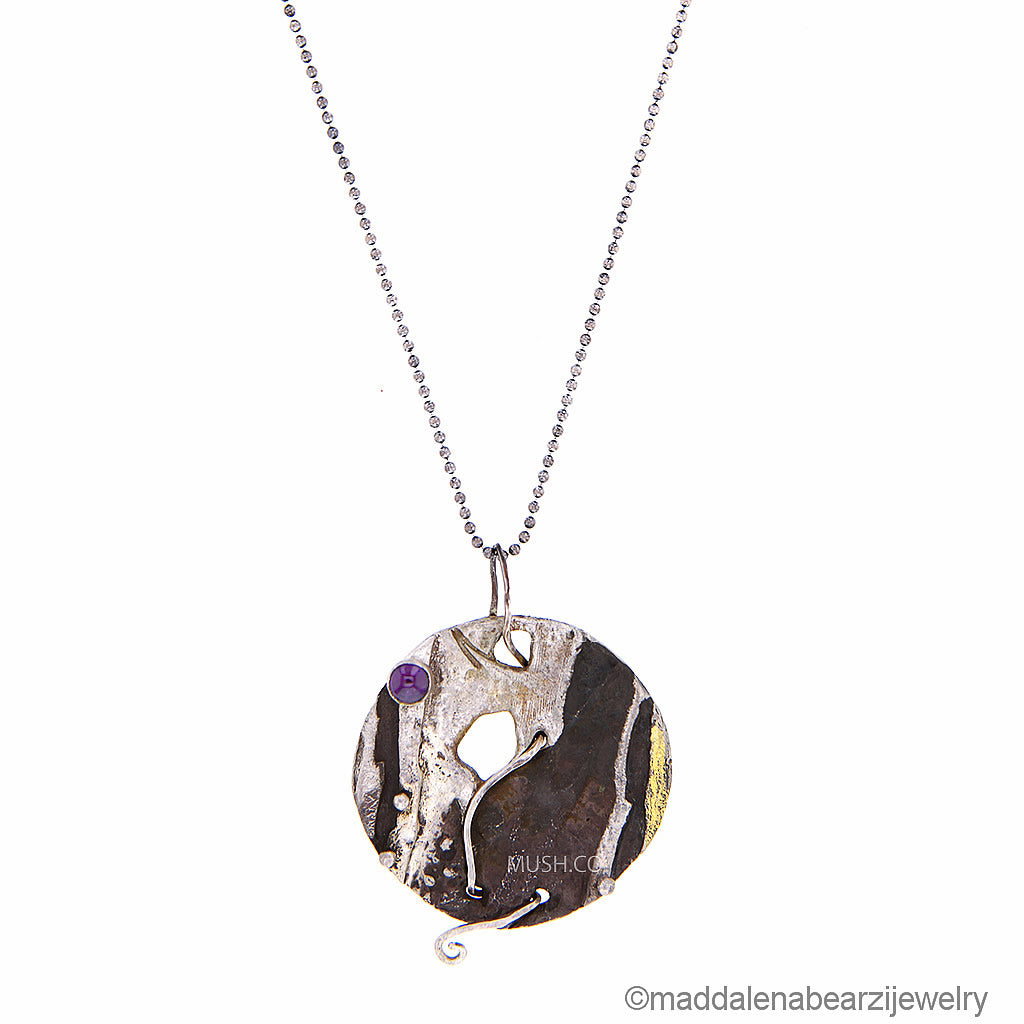 Coralli Italian Designer Necklace in Hammered Silver, 14k Gold & Amethyst Hollywood