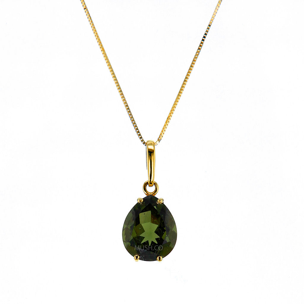 Teardrop Moldavite Pendant Necklace in 14K Solid Gold Hollywood